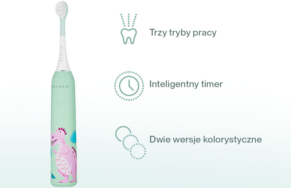 Szczoteczka soniczna SEYSSO Kids Dinosaur Różowy trzy tryby pracy do 70 000 ruchów sonicznych na minutę tryb clean do codziennego szczotkowania tryb soft delikatne zęby i dziąsła tryb massage masaż dziąseł dla małych użytkowników
