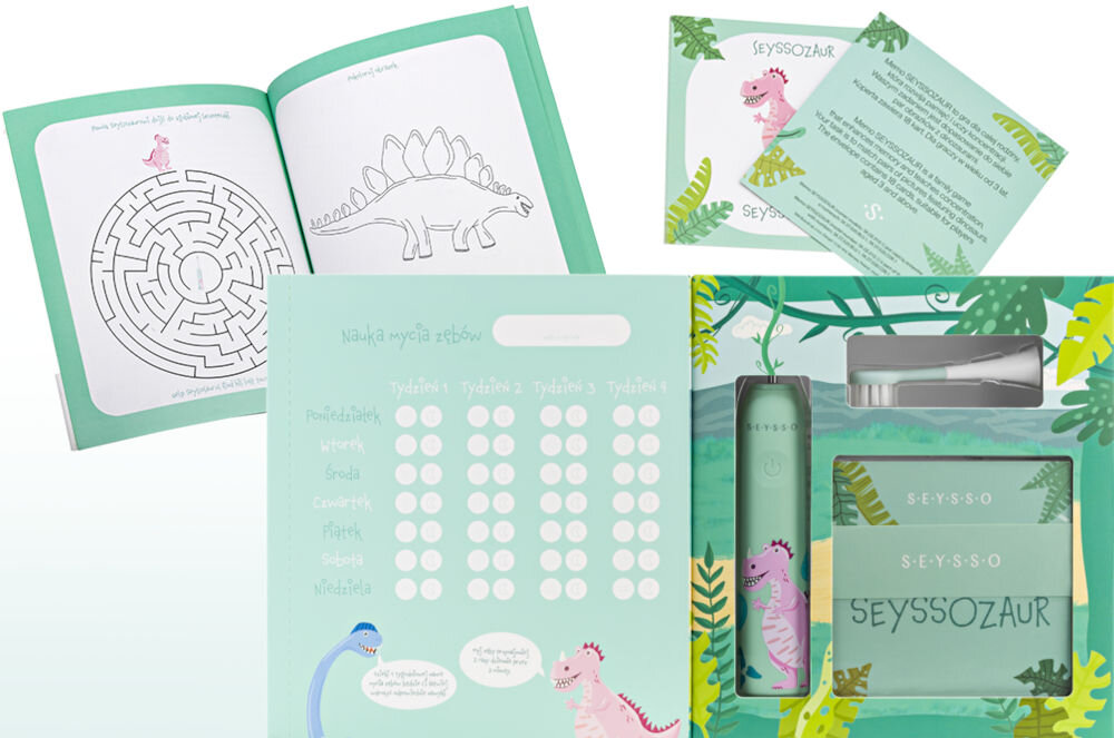 Szczoteczka soniczna SEYSSO Kids Dinosaur Różowy nauka systematycznego mycia zębów kolorowy kalendarz zaznaczanie dni karty memory zabawa z rodzeństwem rodzicami zeszyt ćwiczeń stymulacja kreatywności utrwalanie wiedzy ciekawsza bardziej angażująca pielęgnacja zębów