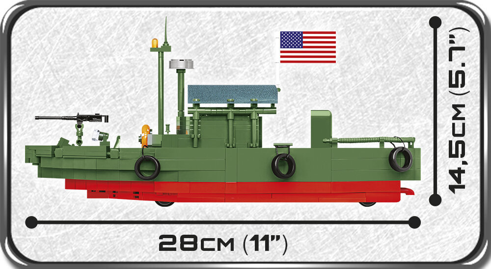 Klocki plastikowe COBI Historical Collection Vietnam War Patrol Boat River MKII COBI-2238 charakterystyczna dla konfliktu w Wietnamie amerykańska
łódź służąca do patrolowania rzek i transportu żołnierzy bardzo małe zanurzenie kadłubowi wykonanemu z włókna szklanego oraz napęd wodnoodrzutowy
prędkość maksymalna 28,5 węzła (53 km / h 32 mph)