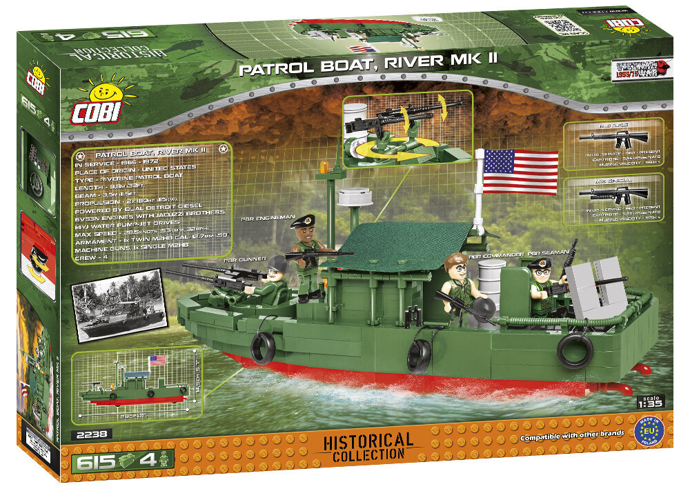 Klocki plastikowe COBI Historical Collection Vietnam War Patrol Boat River MKII COBI-2238 sprawi wiele satysfakcji zarówno najmłodszym fanom klocków, jak i dorosłym pasjonatom historii i marynistyki