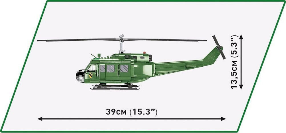 Klocki plastikowe COBI Historical Collection Vietnam War Bell UH-1 Huey Iroquois COBI-2423 39 cm długości pokryty wysokiej jakości nadruki charakterystyczne dla kawalerii powietrznej USB imitują detale oporządzenia