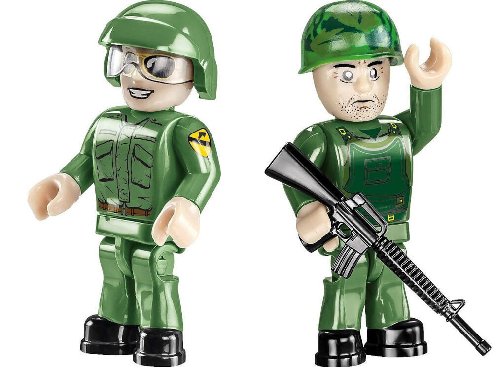 Klocki plastikowe COBI Historical Collection Vietnam War Bell UH-1 Huey Iroquois COBI-2423 wyposażony obracające się śmigła i przesuwne drzwi dwie figurki przedstawiające pilota i żołnierza klocek z nadrukowaną nazwą zestawu i logo Bell