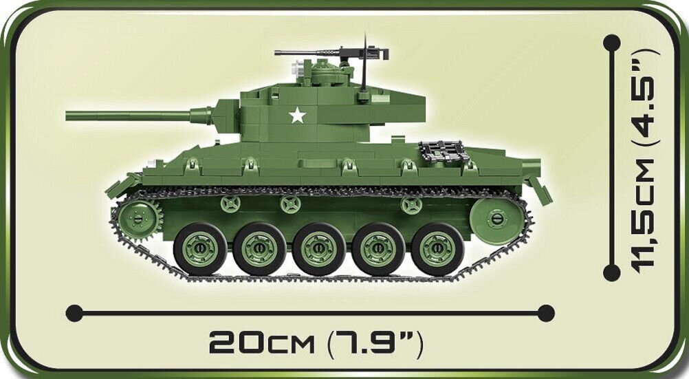 Klocki plastikowe COBI Historical Collection World War II M24 Chaffee COBI-2543 amerykański czołg lekki z okresu II Wojny Światowej spawany pancerz,
dwa silniki armat 75 mm pierwszy czołg aliantów zachodnich drązki skrętne Podwozie Chaffee przypominało niemieckiego Panzera II oraz Panterę wykorzystywany w walkach na terenie Francji, Włoch i III Rzeszy