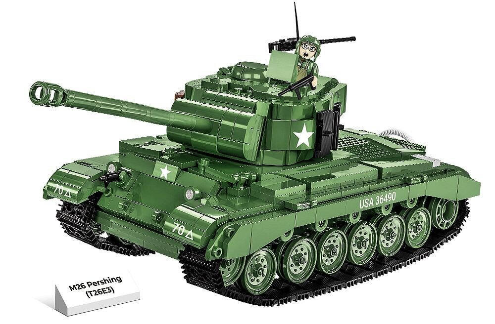 Klocki plastikowe COBI Historical Collection World War II M26 Pershing T26E3 COBI-2564 Odwzorowanie detali figurka czołgisty wysoka jakość tabliczka z nazwą modelu