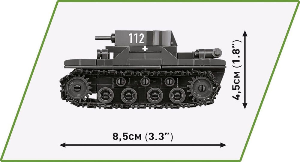 Klocki plastikowe COBI Historical Collection World War II Renault R35 - Valentine IX - Panzer I COBI-2740 łatwe w budowie prosta i intuicyjna instrukcja budowy spis elementów brytyjski czołg lekki Valentine ma 14 cm długości (5,5”)
Niemiecki czołg lekki zaprojektowany jeszcze w okresie międzywojennym Panzer I po zbudowaniu ma 8,5 cm długości (3.3”)
Francuski czołg podstawowy R35 zaprojektowany w latach 30. XX wieku ma po zbudowaniu 9 cm długości (3.5”)