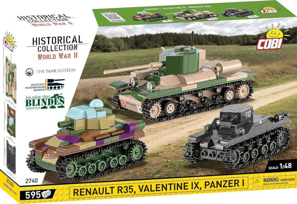 Klocki plastikowe COBI Historical Collection World War II Renault R35 - Valentine IX - Panzer I COBI-2740 dobry starter pack, który może zapoczątkować niezwykłą kolekcję pojazdów historycznych
od COBI pamiątka do własnoręcznego wykonania oraz wspomnienie z niezapomnianej wizyty w ogromnym muzeum czołgów