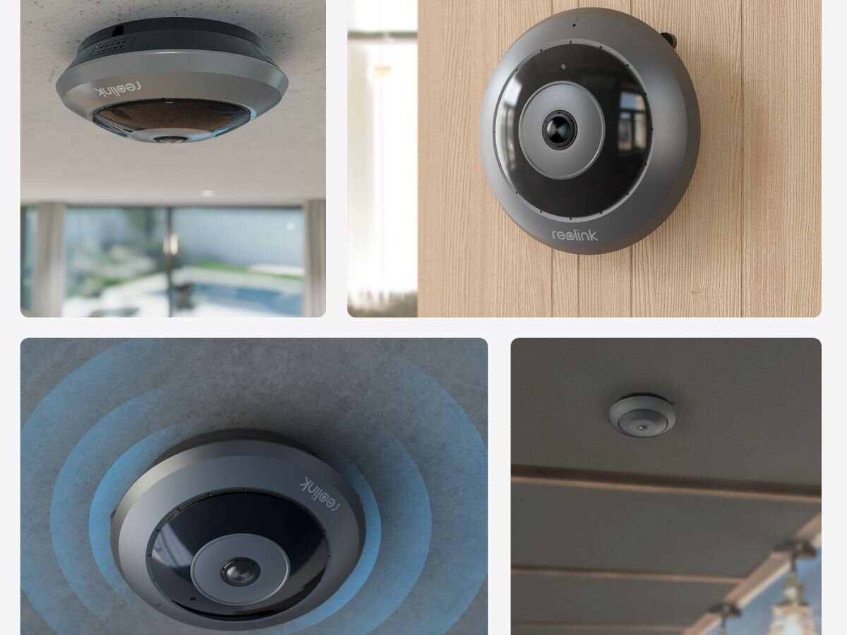 Kamera REOLINK W520 Wewnętrzna Wi-Fi Kamera obrotowa, widok, 360, panoramiczny, Wewnętrzna, 4 zdjęcia w 1 przedstawiające kamerę w różnych środowiskach pracy