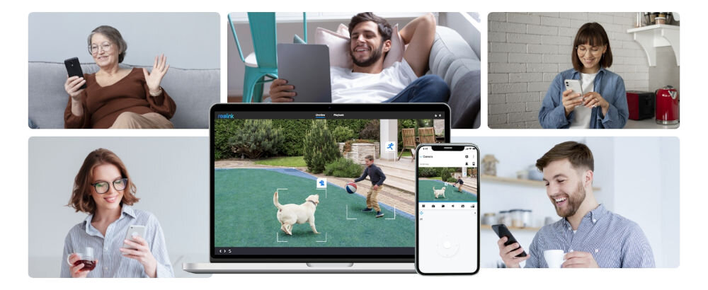 Kamera REOLINK W437 - Aplikacja Reolink, aplikacja uruchomiona na laptopie, pięć kafelków z ludźmi trzymającymi smartfona