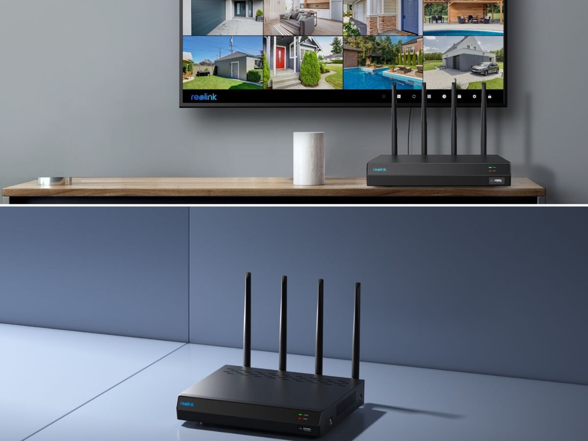 Rejestrator NVS12W Z Dyskiem 2TB REOLINK Wifi 12-Kanałowy, rejestracja, nagranie, monitoring, pamięć, rejestrator stoi na szafce rtv przed telewizorem oraz na szarym blacie