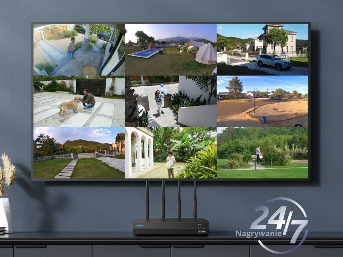 Rejestrator NVS12W Z Dyskiem 2TB REOLINK Wifi 12-Kanałowy, 12 kanałów, scentralizowane, monitoring, jednoczesne, rejestrator na szafce rtv powyżej telewizor z wglądem monitoringu