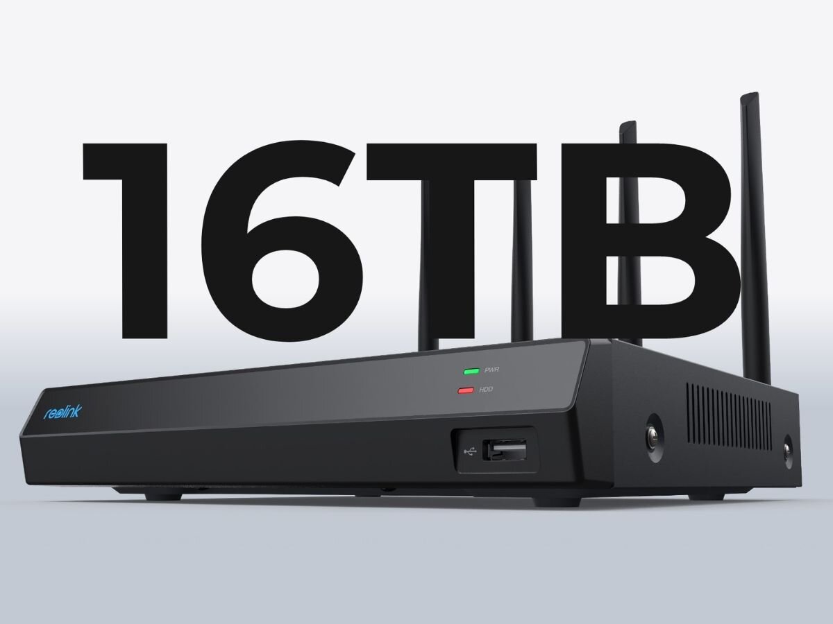 Rejestrator NVS12W Z Dyskiem 2TB REOLINK Wifi 12-Kanałowy, pojemność, dysk, dane, archiwum, na szarym tle rejestrator frontem prawo skos z dużym napisem 16TB