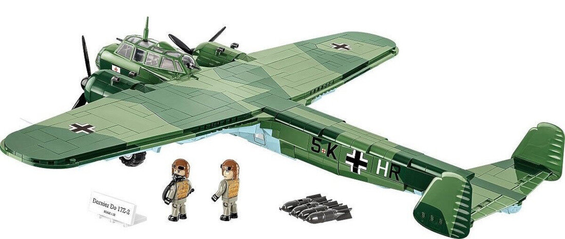 Klocki plastikowe COBI Historical Collection World War II Dornier Do 17Z-2 COBI-5754 Interaktywna zabawa ruchome elementy dodatkowe nadruki odczepiane bomby koła kolor odcień kolorystyka