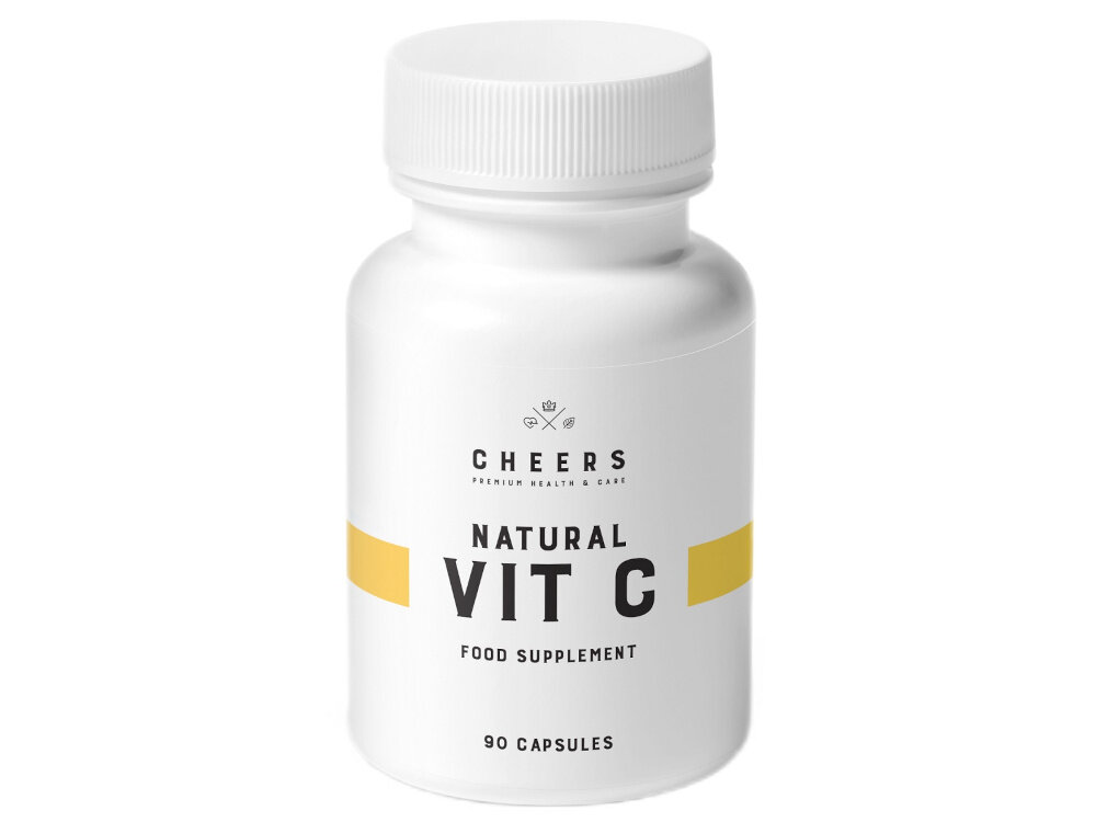 Kompleks witamin CHEERS Vit C 90 kapsułek przyjaza dla wegetarian i wegan etykieta nie zawiera sztucznych barwnikow konserwantow zbednych dodatkow naturalne skladniki wysoka biodostepnosc skladnikow aktywnych