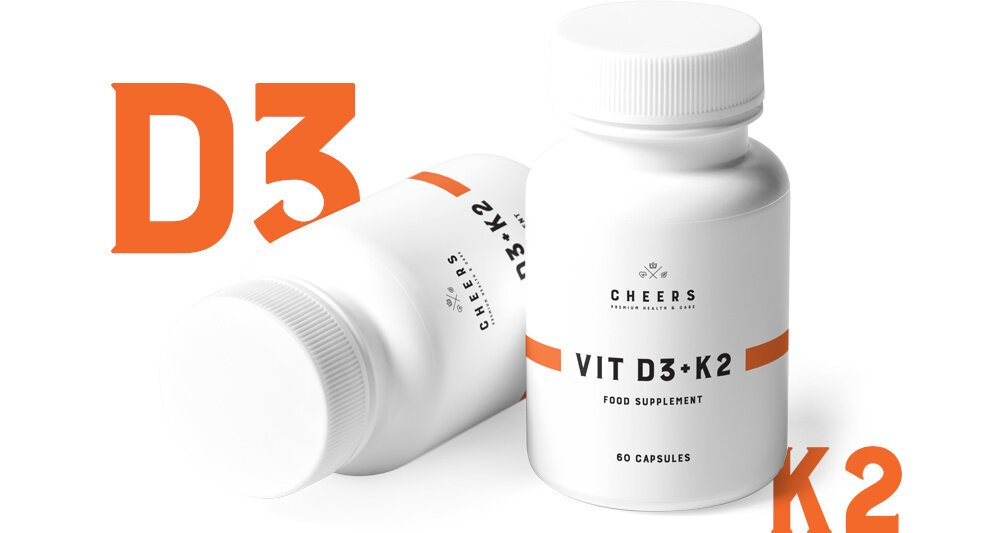 Witamina D3 + K2 CHEERS 60 kapsułek wspomaganie prawidlowego rozwoju kosci i funkcjonowania miesni unikalna kombinacja witaminy D3 200 IU i witaminy K2 100 μg wsparcie przyswajania wapnia i fosforu