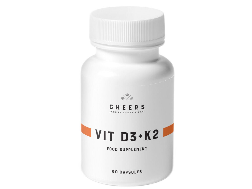 Witamina D3 + K2 CHEERS 60 kapsułek kapsułek przyjaza dla wegetarian i wegan etykieta nie zawiera sztucznych barwnikow konserwantow zbednych dodatkow naturalna witamina D3 pochodzaca z alg wysoka biodostepnosc skladnikow aktywnych