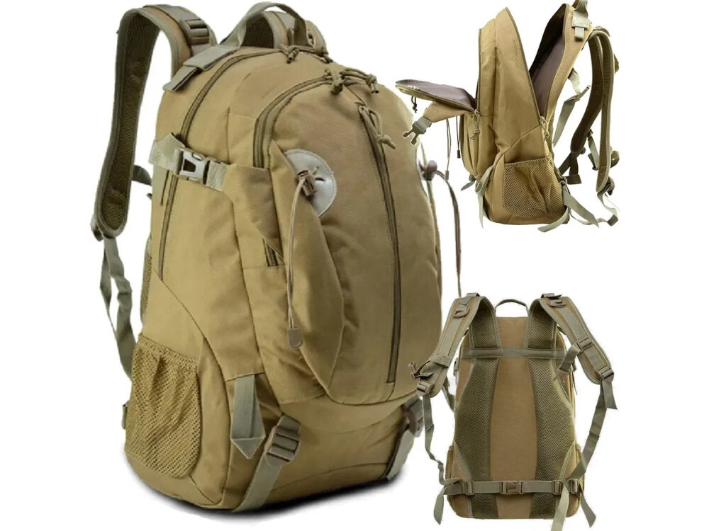 Plecak EXTRALINK MIL-1120 Zielony białe tło plecak w trzech ujęciach widoczny od przodu pod skosem od tyłu i z boku odpięty funkcjonalność wygoda duża pojemność