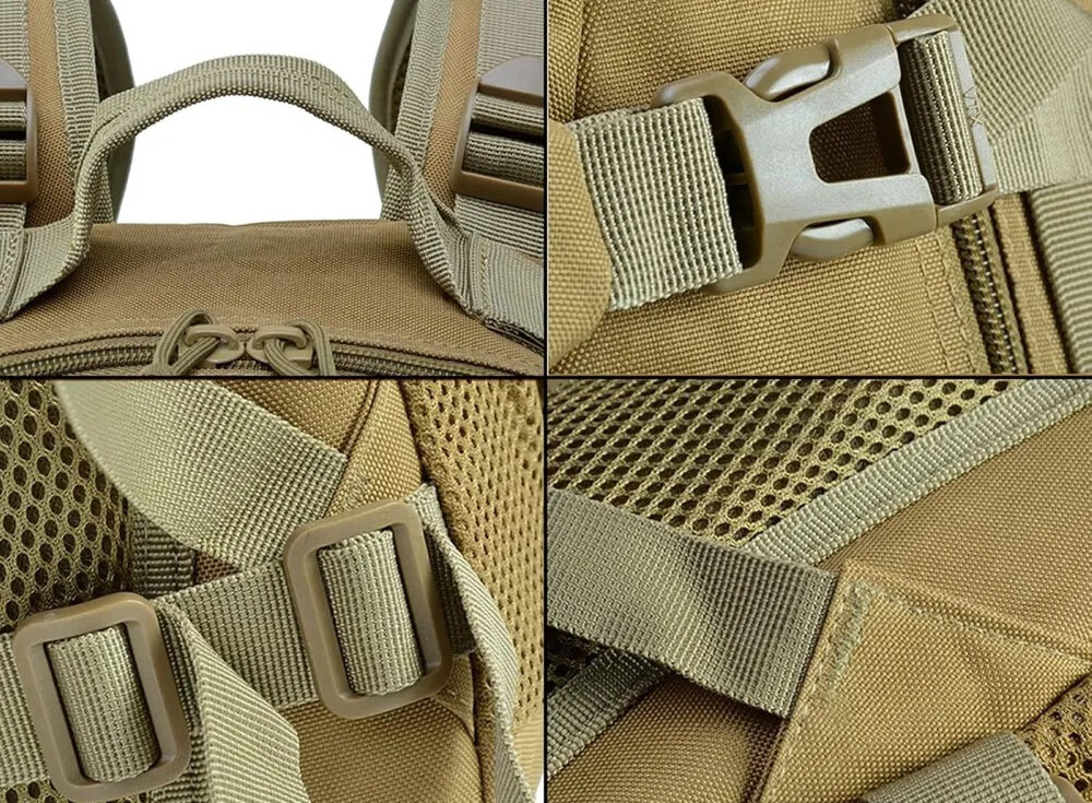 Plecak EXTRALINK MIL-1120 Zielony kolaż czterech zdjęć zbliżenie na pas szlufki klamry i uchwyt pas biodrowy pasy kompresyjne bardzo dobrze dopasować jego ułożenie do ciała użytkownika większą stabilność redukuje obciążenie ramion i kręgosłupa