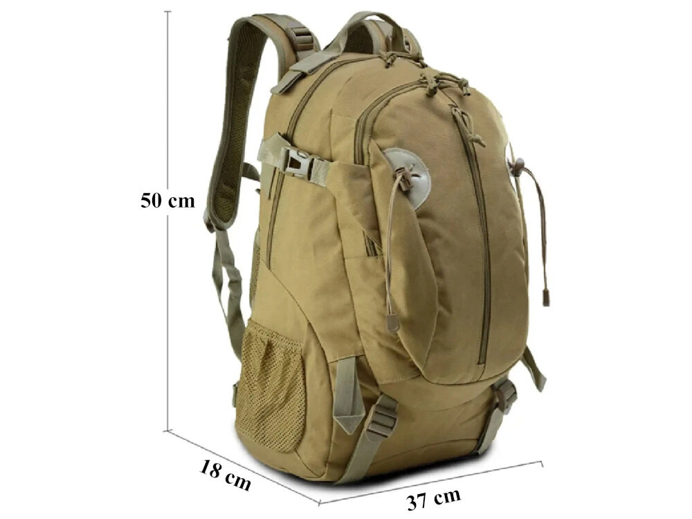 Plecak EXTRALINK MIL-1120 Zielony plecak na białym tle widoczny od przodu pod skosem obok czarne linie pokazujące wymiary plecaka solidne klamry fastex i D-ringi trwałość możliwość przypięcia podręcznych akcesoriów uchwyt walizkowy waga około 1,1 kg wymiary 50 x 18 x 37 cm