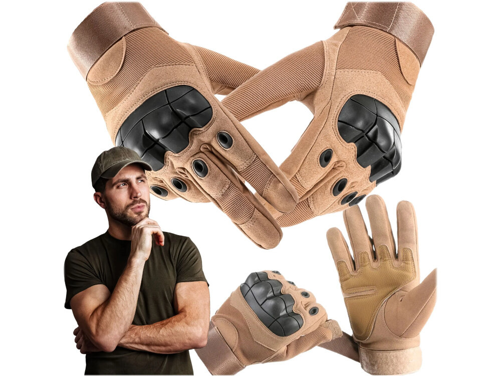 Rękawice taktyczne EXTRALINK MIL-680 (rozmiar L) Beżowy rękawice na białym tle na pierwszym planie osoba w rękawicach chronią dłonie przed urazami komfort swobodne wykonywanie czynności manualnych