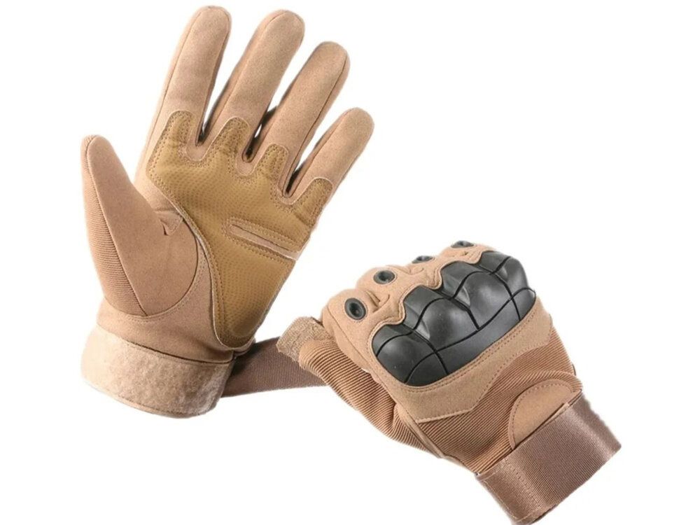 Rękawice taktyczne EXTRALINK MIL-680 (rozmiar L) Beżowy rękawice na białym tle szeroka taśma na rzep stabilizuje rękawice na dłoni usztywnia nadgarstek regulowane zapięcie dopasowanie do obwodu nadgarstka regulacja w zakresie 23–24 cm