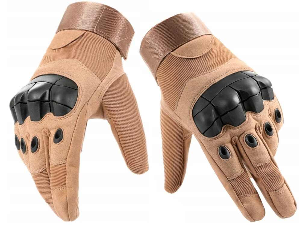 Rękawice taktyczne EXTRALINK MIL-680 (rozmiar L) Beżowy rękawice na białym tle długość rękawic 22,5 cm pięciopalczasta konstrukcja pełna ochrona dłoni i palców przed otarciami uderzeniami czy zabrudzeniami dłonie są lepiej chronione ochrona komfort pełna swoboda ruchów antypoślizgowe wstawki wentylacja elastyczny materiał