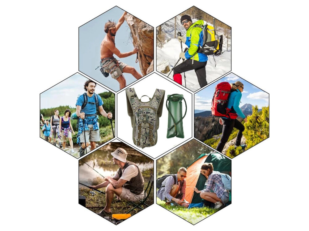 Plecak EXTRALINK Military MIL-1121 Moro kolaż zdjęć pokazujący zastosowanie plecaka po środku plecak i bukłak na każdą okazję stały dostęp do wody bezpieczeństwo wygoda