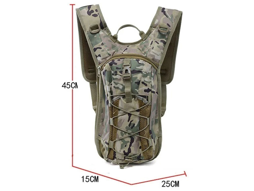 Plecak EXTRALINK Military MIL-1121 Moro plecak na białym tle widoczny od przodu obok czerwona linia wyznaczająca jego wymiary lekkość trwałość funkcjonalność regulowany pasek na klatkę piersiową stabilizuje plecak podczas ruchu waga zaledwie 0,65 kg wymiary 45 x 15 x 25 cm plecak nie obciąża użytkownika