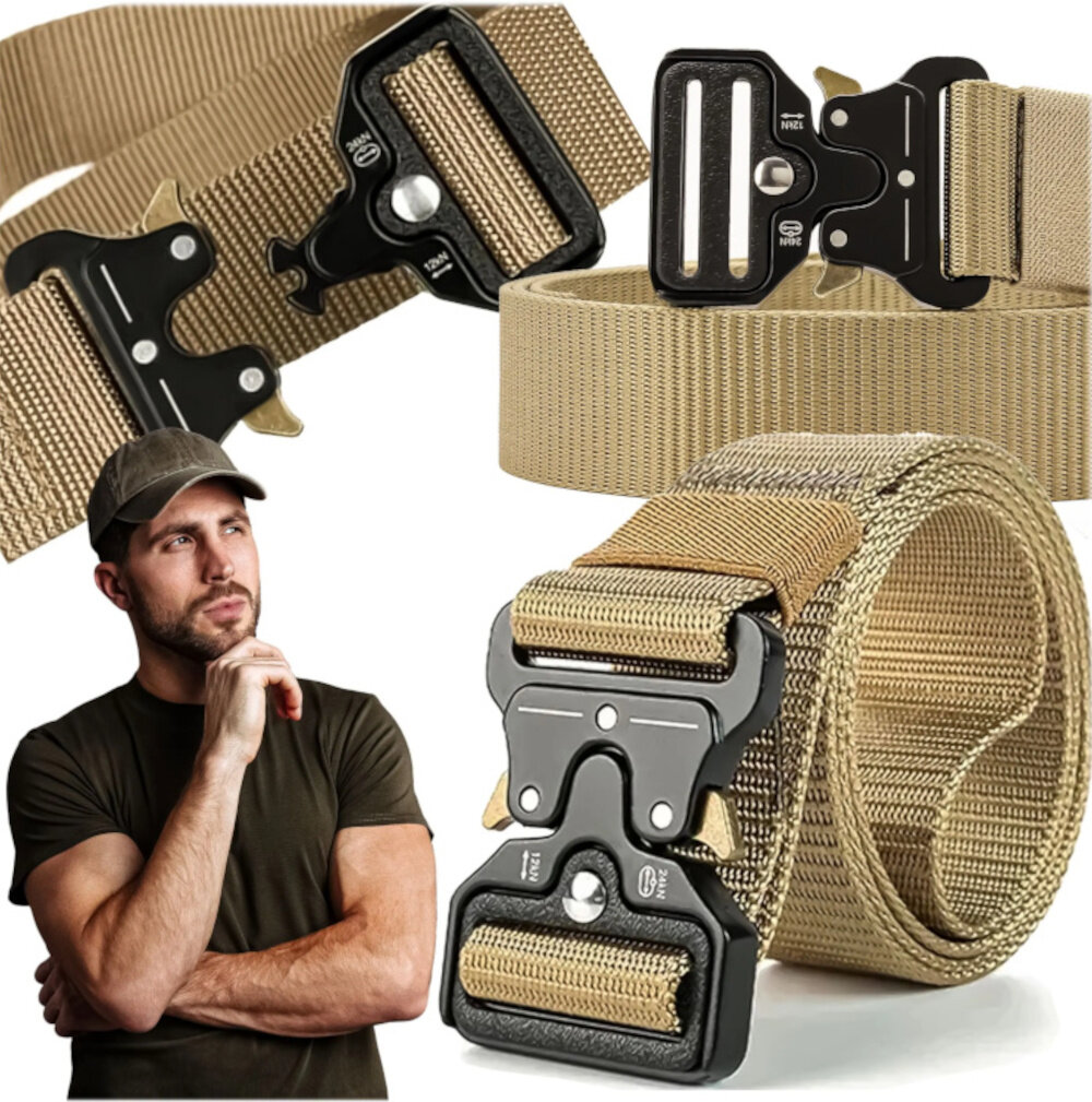 Pas taktyczny EXTRALINK Military MIL-690 Oliwkowy pas w trzech ujęciach złożony rozłożony zbliżenie na klamrę na pierwszym tle osoba w czapce stabilność wygoda wsparcie wszechstronność zastosowania