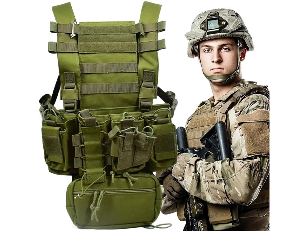 Kamizelka taktyczna EXTRALINK Airsoft ASG MIL-1122 Zielony białe tło osoba w kamizelce obok zdjęcie całej kamizelki wszechstronność terenowa aktywność