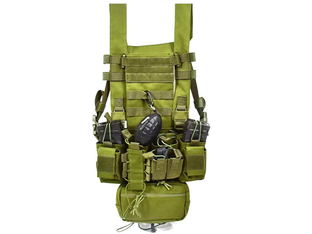 Kamizelka taktyczna EXTRALINK Airsoft ASG MIL-1122 Zielony kamizelka na białym tle wykonana z nylonu 900D odporna na przetarcia stabilność podczas ruchu pełna regulacja obwodu i szelek