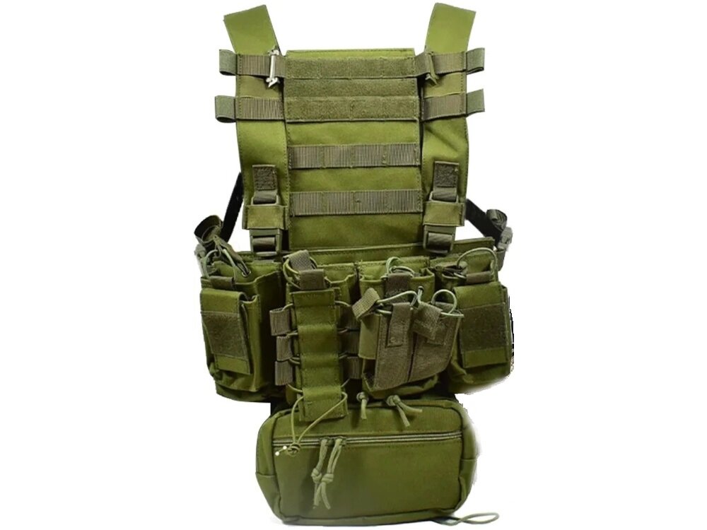 Kamizelka taktyczna EXTRALINK Airsoft ASG MIL-1122 Zielony kamizelka na białym tle widoczna od przodu waga 1 kg poprawia wygodę noszenia podczas długich działań stabilne rozłożenie wyposażenia pomaga zmniejszyć zmęczenie płynność ruchów