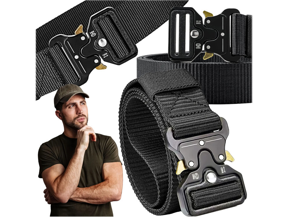 Pas taktyczny EXTRALINK Military MIL-689 Czarny pas w trzech ujęciach złożony rozłożony zbliżenie na klamrę na pierwszym tle osoba w czapce stabilność wygoda wsparcie wszechstronność zastosowania