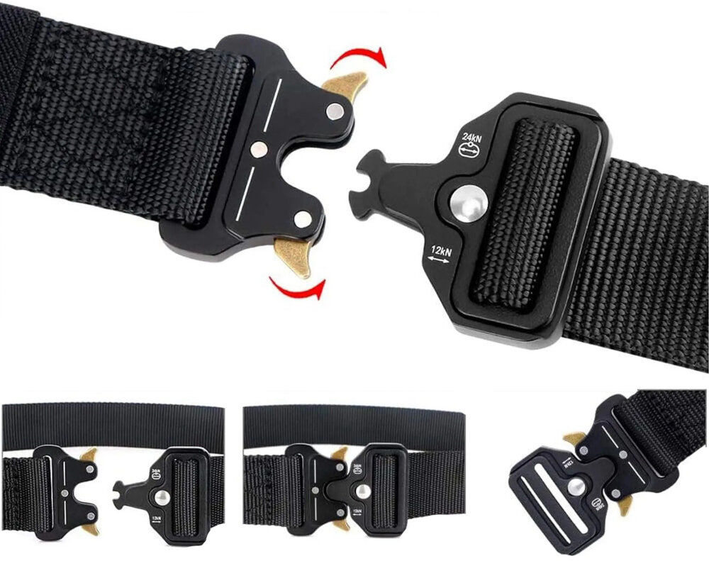 Pas taktyczny EXTRALINK Military MIL-689 Czarny klamra w kilku ujęciach funkcjonalność bezpieczeństwo mocna klamra o wytrzymałości do 12 kN do 24 kN w pętli stabilne utrzymanie nawet przy dużych obciążeniach pas z klamrą o szerokości 67 mm