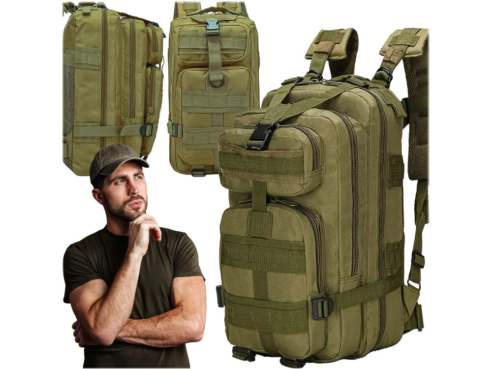 Plecak EXTRALINK Military MIL-665 Moro plecak na białym tle w trzech ujęciach widok od przodu i dwa razy od przodu pod skosem na pierwszym planie osoba w czpce wytrzymały sprzęt na różne okazje pojemność około 30 litrów wytrzymały materiał wodoodporna powłoka