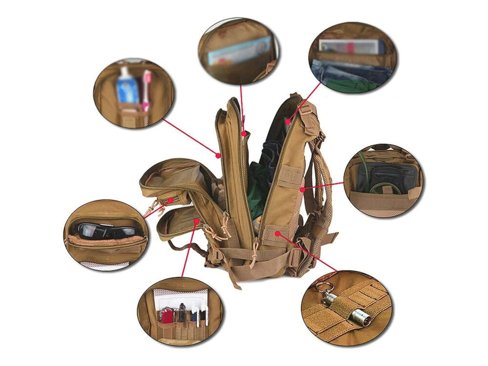 Plecak EXTRALINK Military MIL-665 Morootwarty plecka na na białym tle wokół plecaka zbliżenie na wewnętrzne kieszenie dwie główne komory z dodatkowymi kieszeniami wewnętrznymi organizacja wnętrza szybki dostęp do potrzebnych przedmiotów