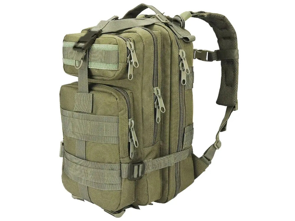 Plecak EXTRALINK Military MIL-665 Moro plecak na białym tle widoczny od przodu pod skosem siatka MESH 3D na plecach i szelkach skuteczna cyrkulacja powietrza ogranicza pocenie się komfort noszenia wentylowana konstrukcja ergonomiczne szelki