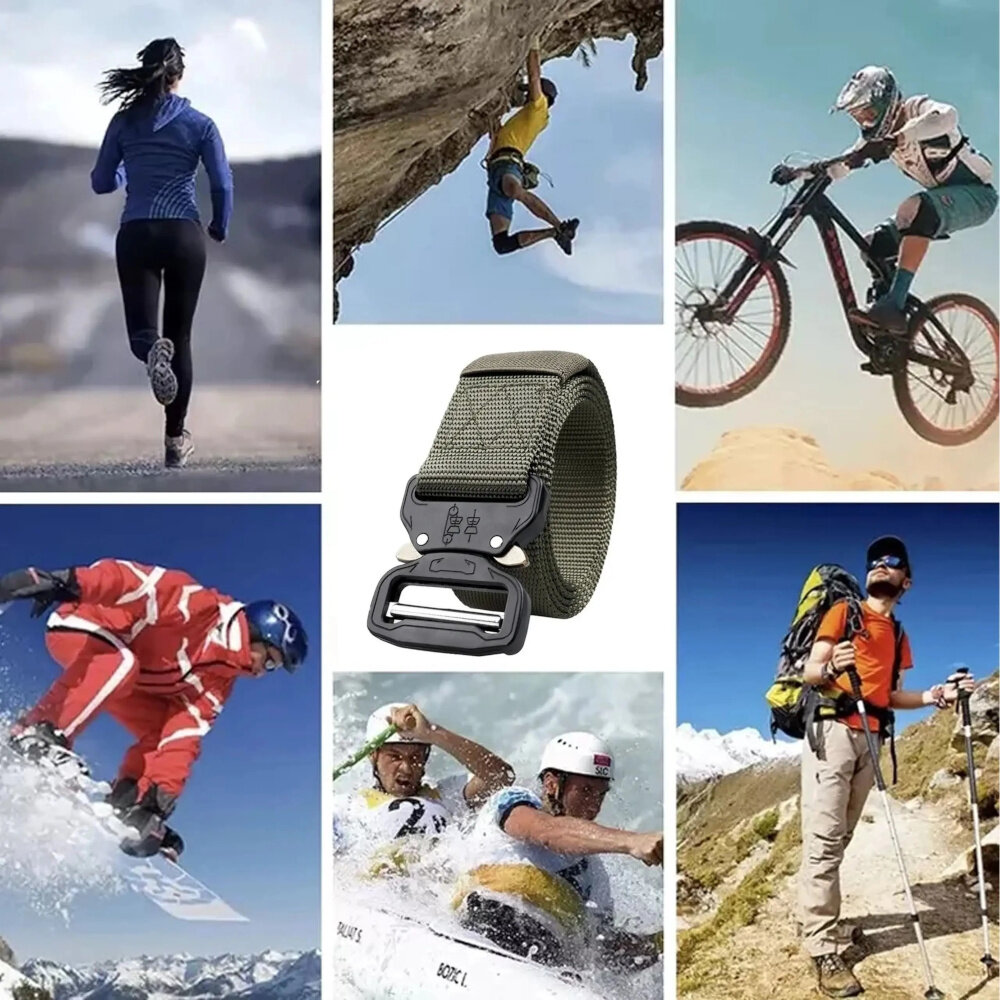 Pas taktyczny EXTRALINK Military MIL-675 Zielony kolaż zdjęć różne osoby wykonują różne rzeczy chodzenie wspinaczka jazda na nartach pośrodku na białym tle pasek stabilność wygoda wsparcie wszechstronność zastosowania