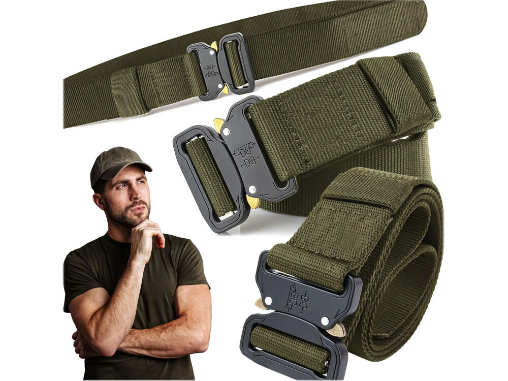Pas taktyczny EXTRALINK Military MIL-675 Zielony pas w trzech ujęciach złożony rozłożony zbliżenie na klamrę na pierwszym tle osoba w czapce w codziennym użytkowaniu w wymagających aktywnościach outdoorowych wytrzymała konstrukcja stabilne dopasowanie komfort ruchu