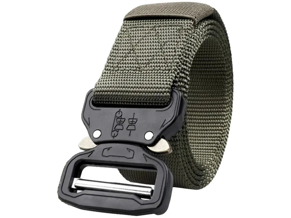 Pas taktyczny EXTRALINK Military MIL-675 Zielony zwinięty pasek na białym tle widoczny od przodu pod skosem z odpornej na uszkodzenia mechaniczne taśmy parcianej nylonowej trwałość i odporność na przetarcia materiał zachowuje elastyczność nie odkształca się