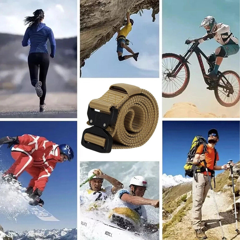 Pas taktyczny EXTRALINK Military MIL-674 Khaki kolaż zdjęć różne osoby wykonują różne rzeczy chodzenie wspinaczka jazda na nartach pośrodku na białym tle pasek stabilność wygoda wsparcie wszechstronność zastosowania