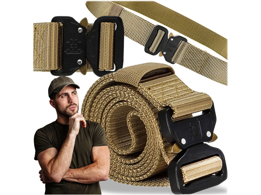 Pas taktyczny EXTRALINK Military MIL-674 Khaki pas w trzech ujęciach złożony rozłożony zbliżenie na klamrę na pierwszym tle osoba w czapce w codziennym użytkowaniu w wymagających aktywnościach outdoorowych wytrzymała konstrukcja stabilne dopasowanie komfort ruchu