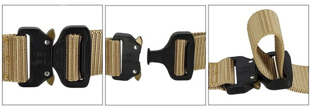 Pas taktyczny EXTRALINK Military MIL-674 Khaki zbliżenie na klamrę klamra w trzech ujęciach klamra Quick Release o szerokości 5 cm błyskawiczne zapinanie i odpinanie pasa w każdej sytuacji zwiększa wygodę użytkowania i oszczędza czas stabilne zamocowanie klamry umożliwia pewne trzymanie paska