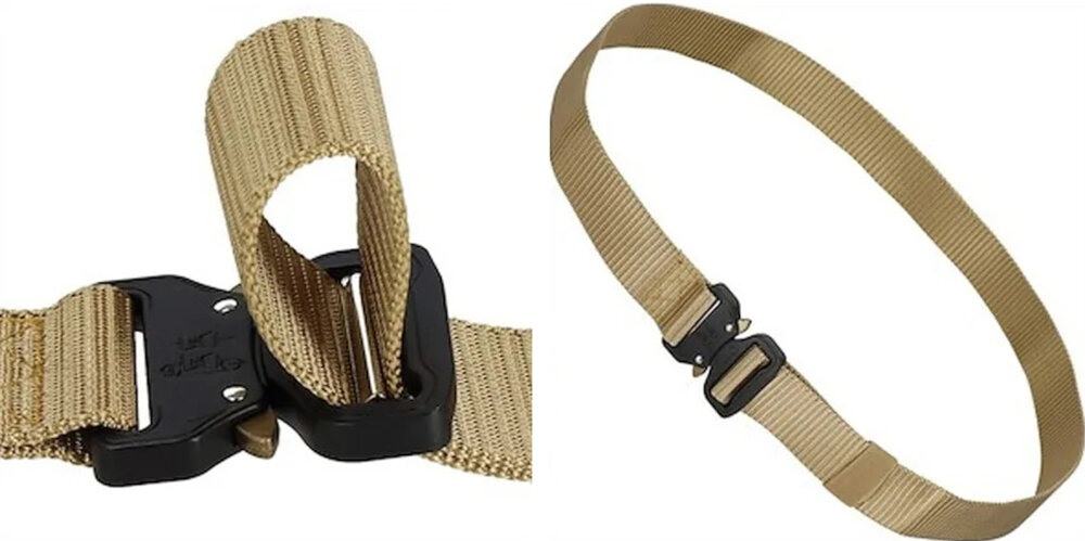 Pas taktyczny EXTRALINK Military MIL-674 Khaki zbliżenie na szlufkę obok rozwinięty pasek elastyczna szlufka możliwość regulacji długości do 120 cm dopasowanie do różnych sylwetek pas stabilnie przylega do ciała nie ogranicza ruchów komfort noszenia