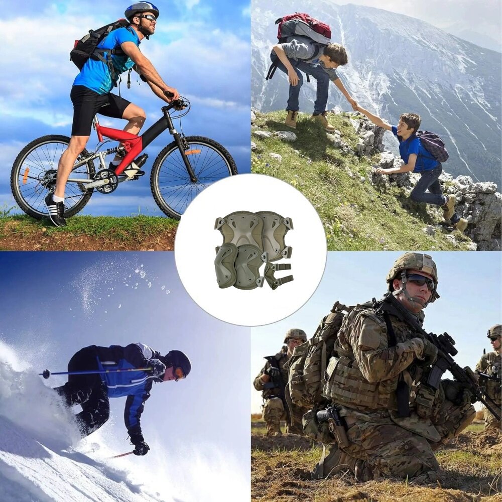 Ochraniacze taktyczne EXTRALINK Military MIL-686 kolaż zdjęć osoby wykonują różne zadania jazda na nartach jazda na rowerze wspinaczka górska zabawa w ASG ochrona wsparcie aktywność