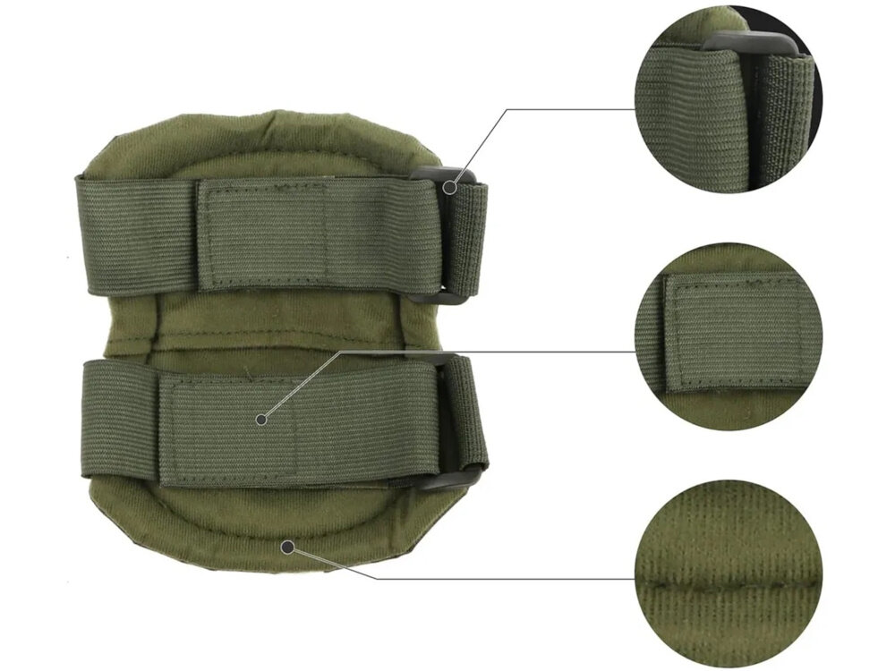 Ochraniacze taktyczne EXTRALINK Military MIL-686 ochraniacz widoczny od tyłu zbliżenie na taśmy elastyczne taśmy z regulacją na rzep długość zapięcia nakolanników 32 cm odpowiednie dopasowanie do każdej sylwetki system szybkiego zapinania Altalock ochraniacze pozostają na swoim miejscu umożliwia sprawne zakładanie i zdejmowanie ochraniaczy