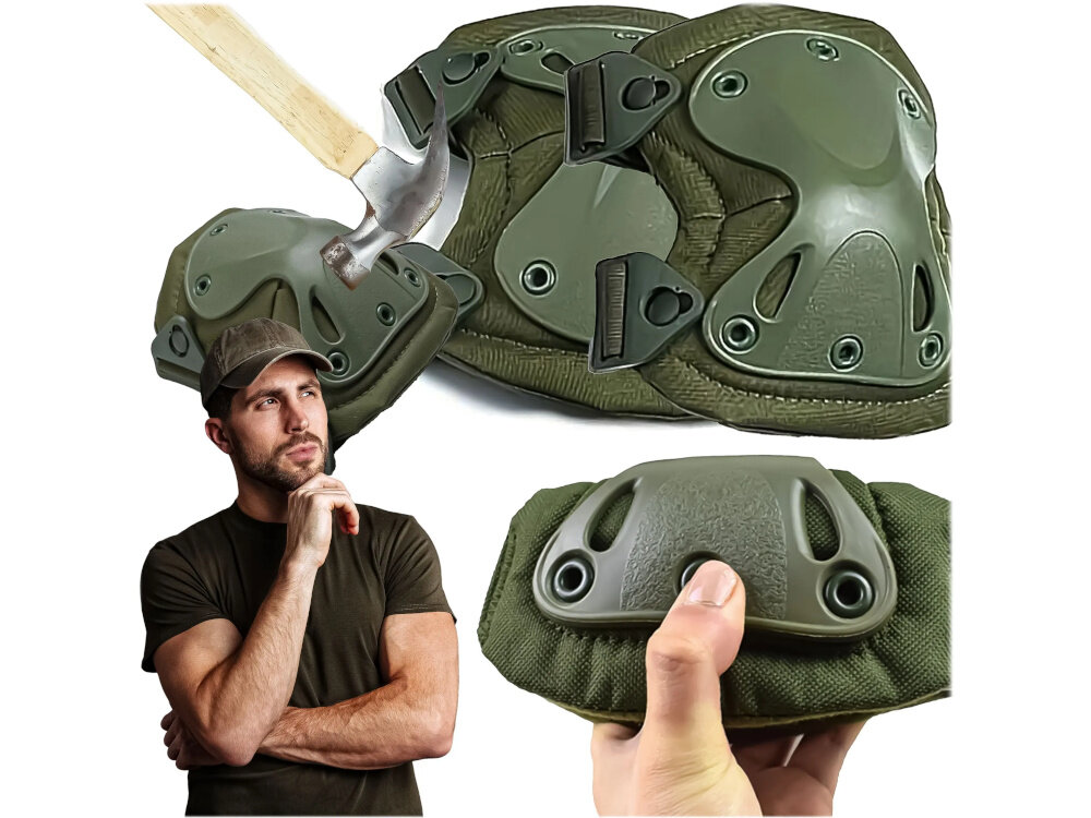 Ochraniacze taktyczne EXTRALINK Military MIL-686 kolaż zdjęć ochraniacze na białym tle zdjęcie osoba uderza młotkiem w ochraniacz osoba ściska ochraniacz w dłoni na pierwszym planie osoba w czapce aluminiowe nity i piny wzmacniają konstrukcję wytrzymałość odporne na przetarcia, wilgoć i inne czynniki mechaniczne bezpieczeństwo w każdych warunkach