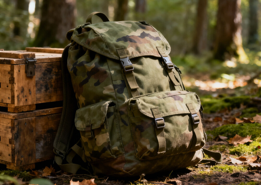 Plecak EXTRALINK Military 4w1 MIL-668 Moro las plecak ustawiony obok skrzynkach w tle drzewa poszycie leśne wsparcie w terenie wszechstronne zastosowanie wielofunkcyjny