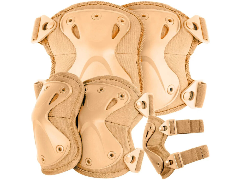 Zestaw ochraniaczy EXTRALINK ASG MIL-685 Brązowy ochraniacze na białym tle skuteczna ochrona kolan i łokci możesz wykonywać dynamiczne ruchy, skakać czy upadać nie narażając stawów na urazy minimalizują ryzyko siniaków i kontuzji