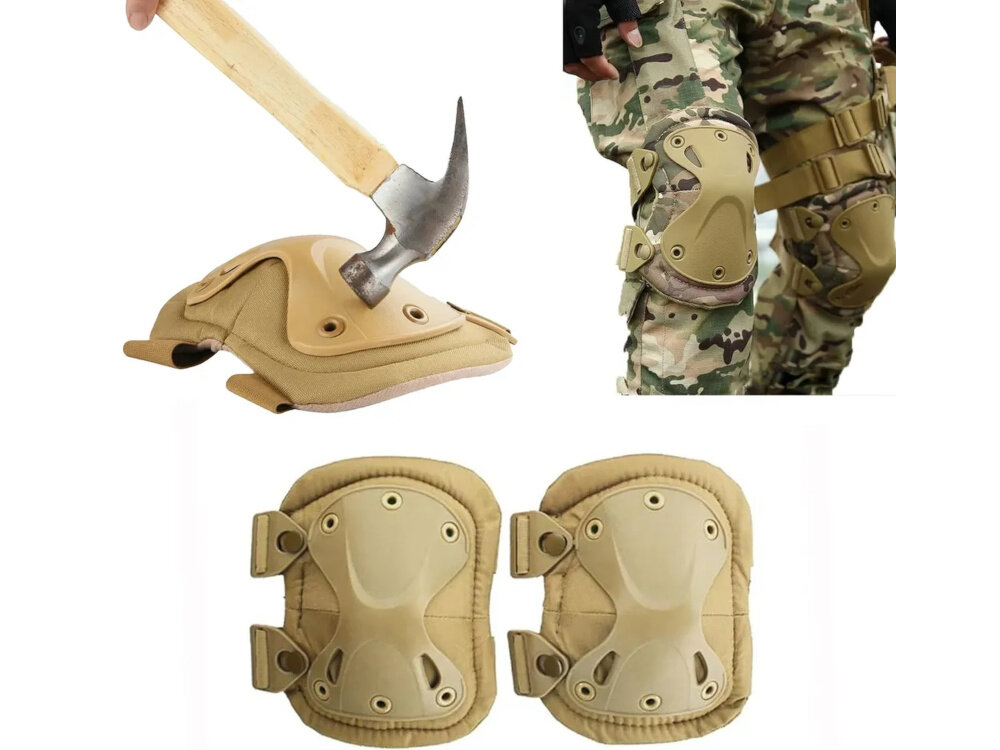 Zestaw ochraniaczy EXTRALINK ASG MIL-685 Brązowy kolaż zdjęć ochraniacze na białym tle obok zdjęcie ochraniaczy na kolanach osoby kolejne zdjęcie osoba uderza młotkiem w ochraniacz aluminiowe nity i piny wzmacniają konstrukcję wytrzymałość odporne na przetarcia, wilgoć i inne czynniki mechaniczne bezpieczeństwo w każdych warunkach