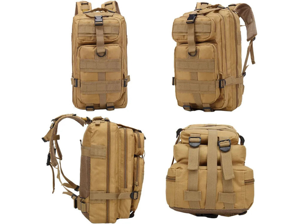 Plecak EXTRALINK Military MIL-667 Brązowy plecak na białym tle w czterech ujęciach widok od przodu od przodu pod skosem z boku na pierwszym planie osoba w czpce wytrzymały sprzęt na różne okazje pojemność około 30 litrów wytrzymały materiał wodoodporna powłoka